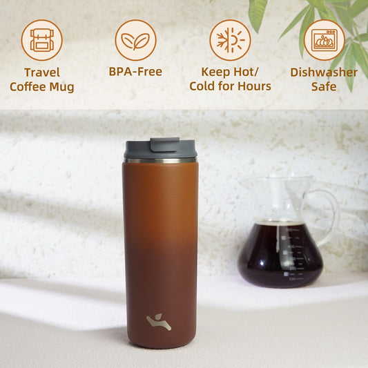 Tumbler with Lid, 16 oz Travel Coffee Mug Double Wall Vacuum Stainless Steel Thermal Metal Cup Insulated Water Bottle,Caramel