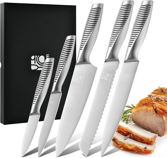 5-Piece Professional Chef Knife Set - Ultra-Sharp Kitchen Knives with Ergonomic steel handle, Ideal for Home, Outdoor, Camping, BBQ, and Gifts for Men