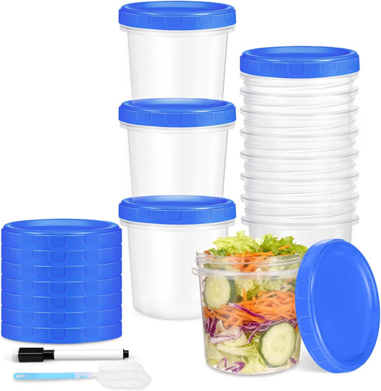 12 Pcs 16 oz Plastic Deli Containers with Screw Lids, Freezer Storage Containers Reusable 2 Cup Food Storage Container with Pen & Brush for Snack Salad Fruit, Microwave & Dishwasher Safe