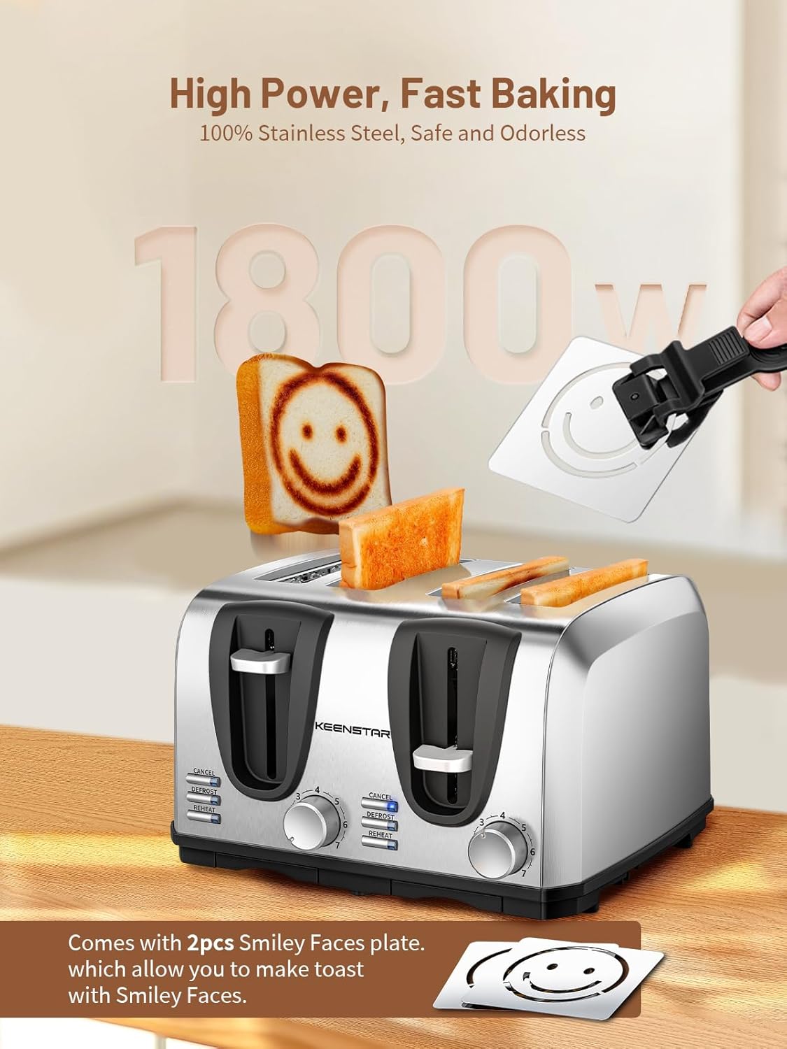 Keenstar Toaster 4 Slice, Bread Toaster with Dual Control Panels Extra-Wide Slot of Bagel/Defrost/Cancel Function, 7 Toasting Bread Shade Settings, Removable Crumb Trays, Auto Pop-Up, Stainless Steel