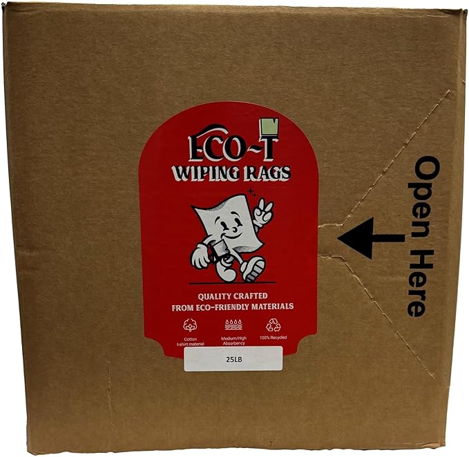 25Lb Box Eco-T Paint Rags - White T-Shirt Material, 100% Recycled, Eco-Friendly, High Absorbency, Low Lint, Low-Cost, Painting and Cleaning Cloth