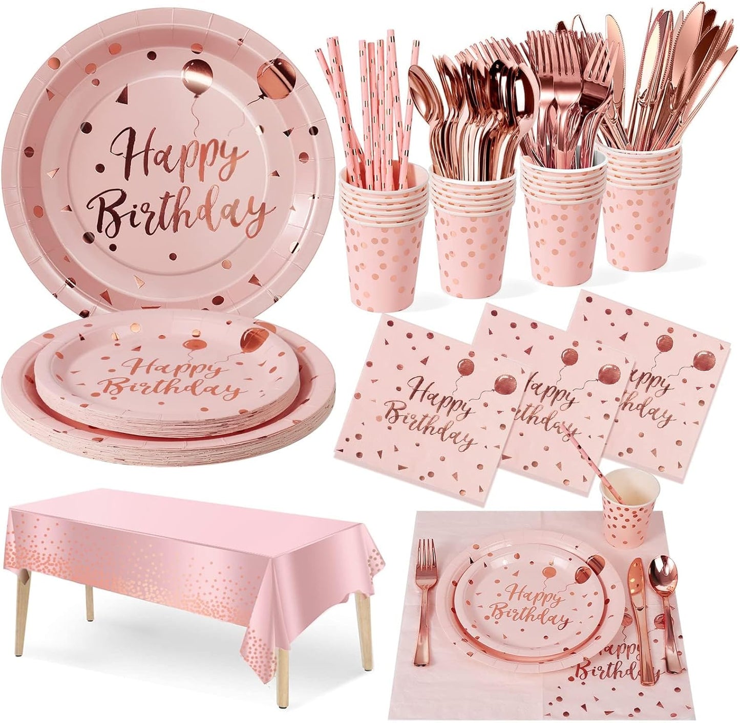 Birthday Party Tableware, 161 Pieces Pink and Rosegold Party Supplies, Party Dinnerware Sets Include Paper Plates Napkins Cups Silverware, for Shower Engagement Parties Decoration -20 Serves