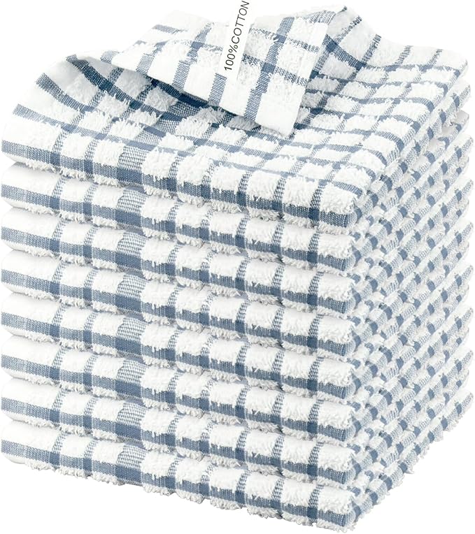 Nialnant 8 Pack Kitchen Towels and Dishcloths Sets,100% Cotton Soft Absorbent Quick Drying Dish Towels for Kitchen,Washing Dishes-Little Blue Plaid,12 x 12 in