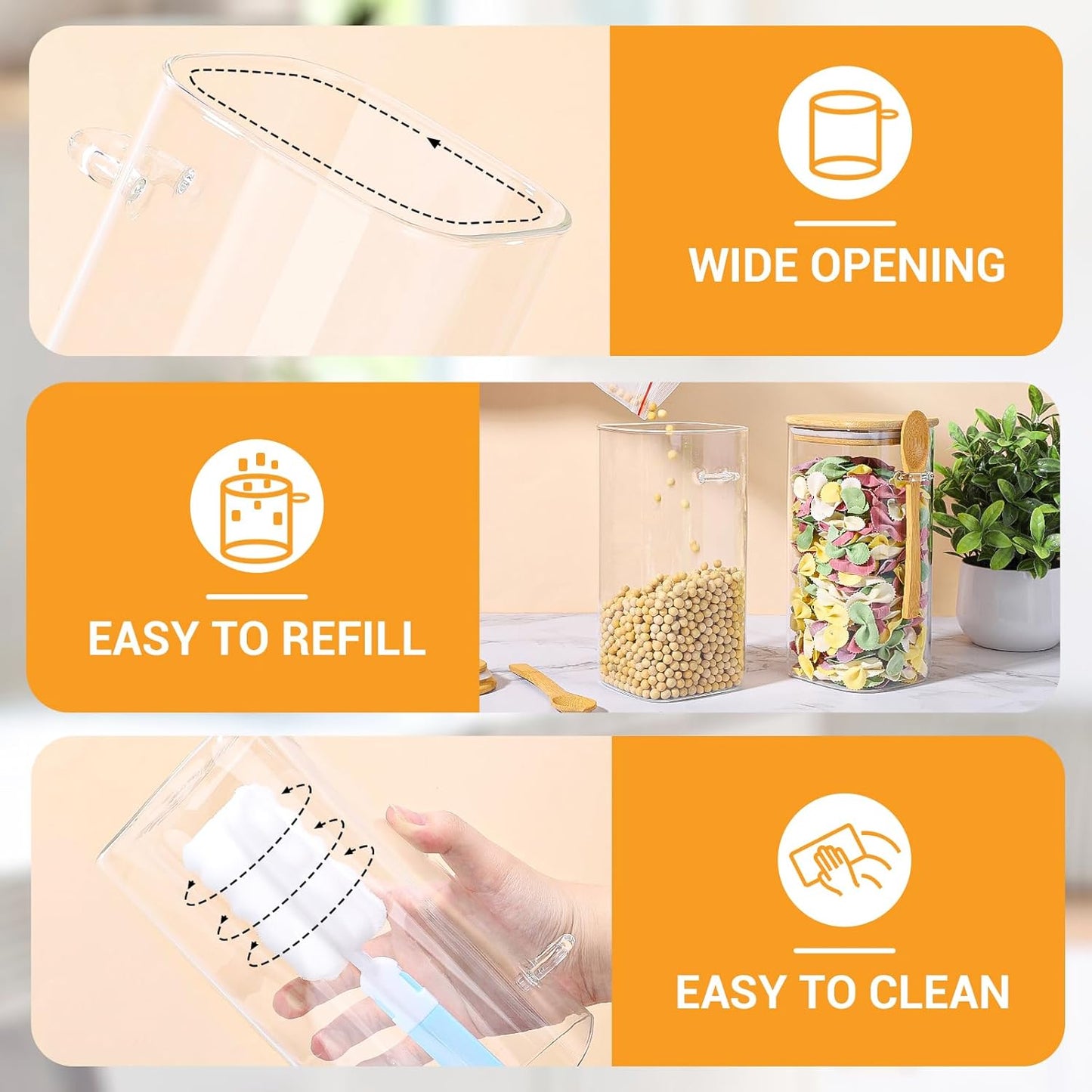 Glass Jars with Bamboo Lids and Spoons - 2 Pack 53 Fl.oz Square Pasta Storage Containers Set, Includes Labels, Marker and Brush, Large Glass Canisters for Kitchen Pantry, Cereal, Rice, Flour