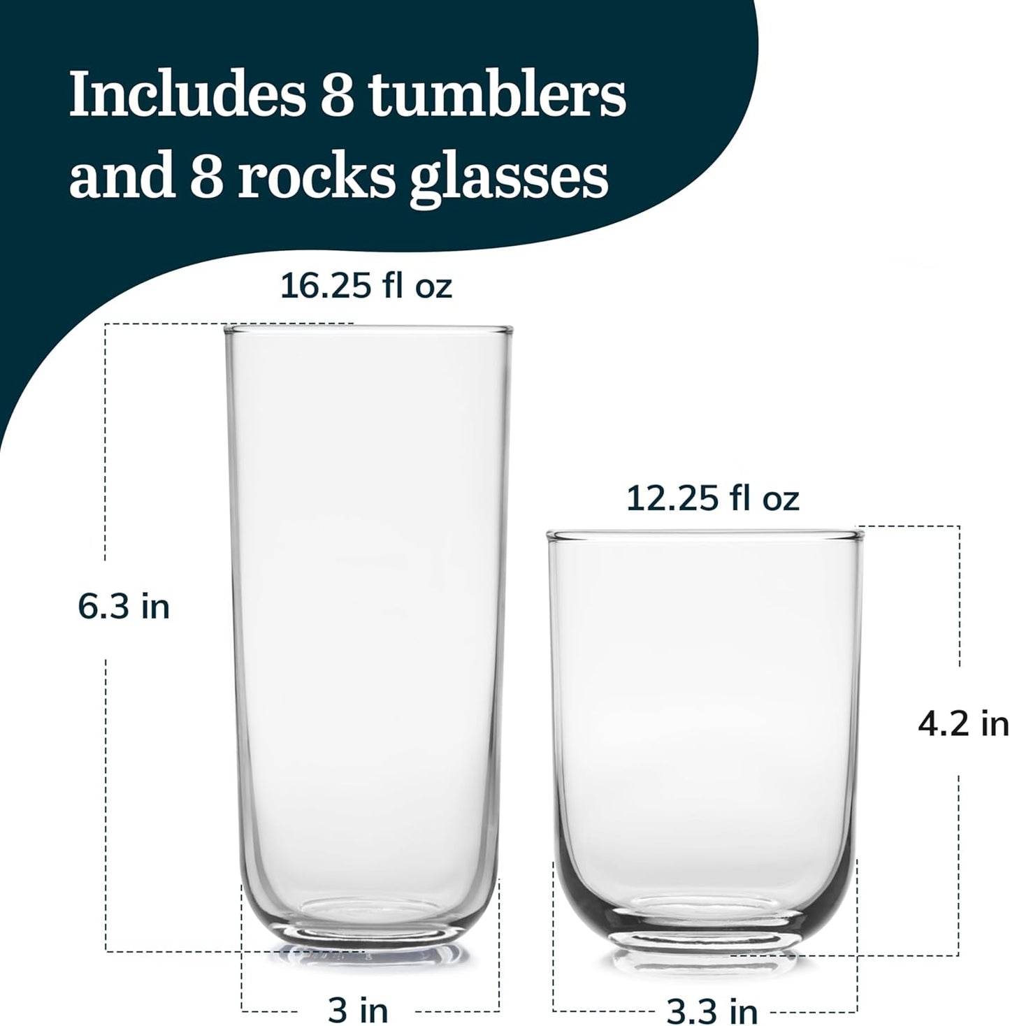 Libbey Polaris Tumbler and Rocks Glass Set, Elegant Drinkware Glasses Set, Lead-Free Tall Drinking Glasses with Modern Clean Lines, Dishwasher Safe Drinking Glasses Set of 16, Axis