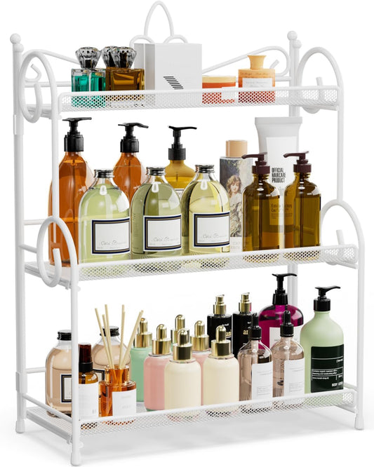 Bathroom Counter Organizer - Spice Rack Countertop 3 Tier Counter Shelf Organizer for Bathroom Kitchen Bedroom Foldable White