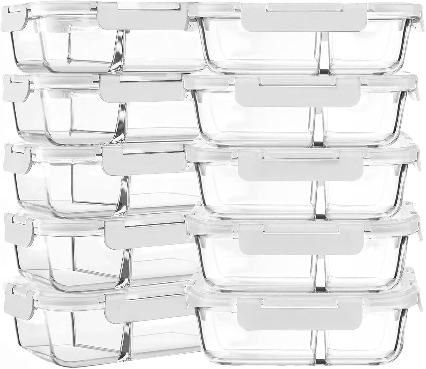 M MCIRCO [10-Pack,30 Oz Glass Meal Prep Containers 2 Compartments Airtight Lunch Bento Boxes with Lids, Glass Food Storage Containers, Microwave, Oven, Freezer and Dishwasher, White