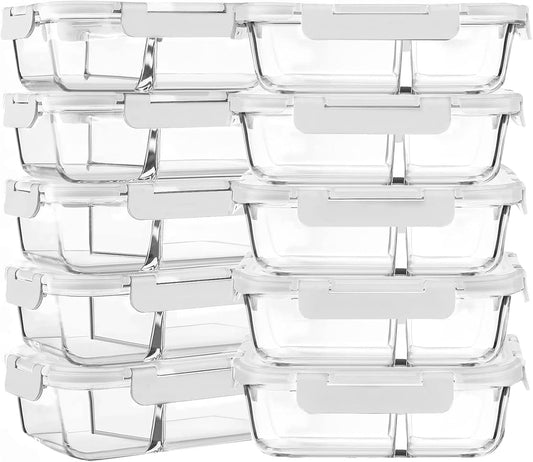 M MCIRCO [10-Pack,30 Oz Glass Meal Prep Containers 2 Compartments Airtight Lunch Bento Boxes with Lids, Glass Food Storage Containers, Microwave, Oven, Freezer and Dishwasher, White