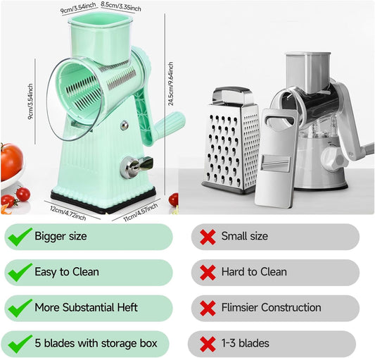 Xilrvna Rotary CheeseGrater, Vegetable Shredder 5 in 1 CheeseGraterwithHandleedderReinforcedSuction,EasytoClean,KitchenChopperforCrushed Ice,Fruits and Nuts with Blade Storage Case（Green）