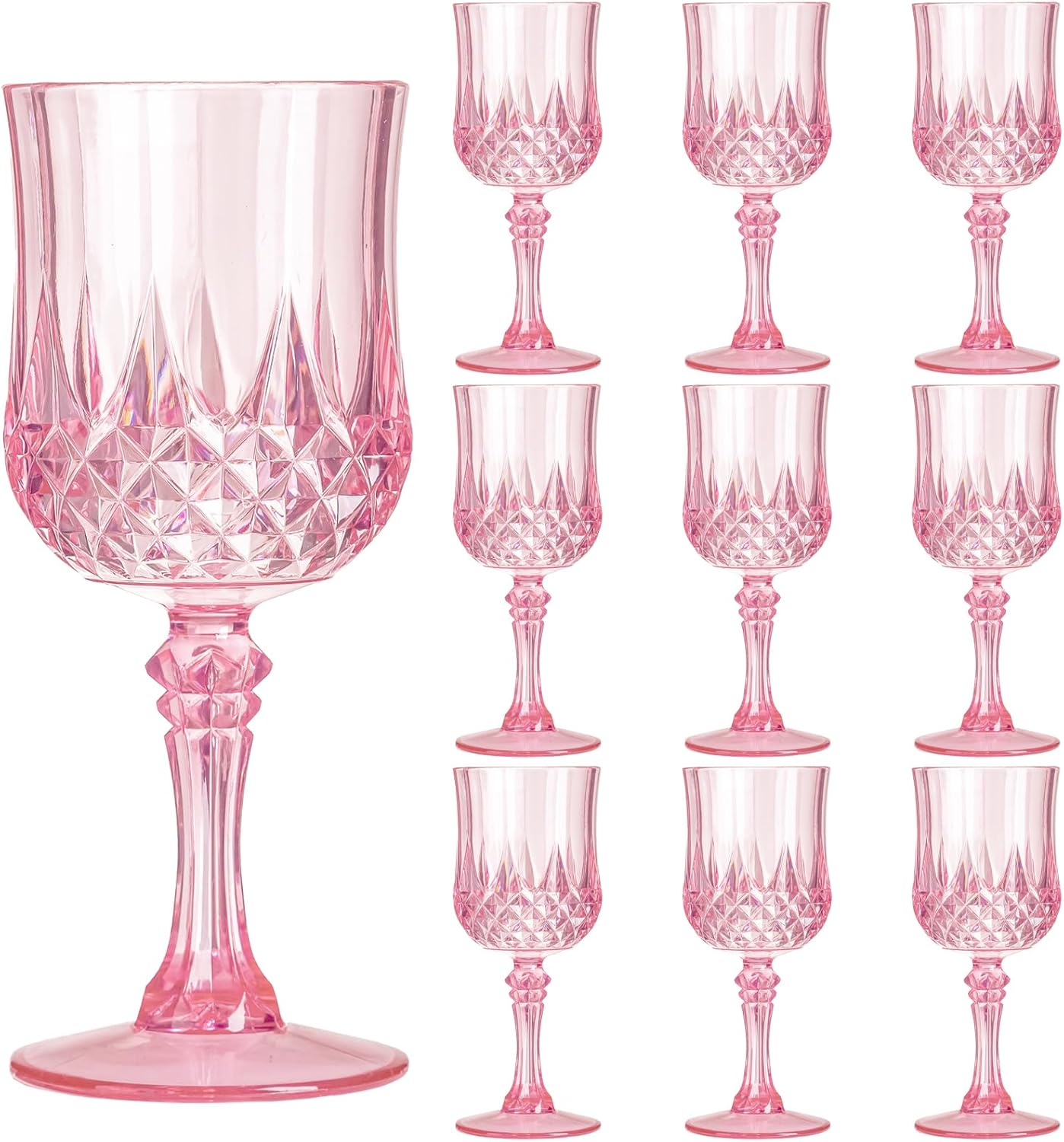 7OZ Plastic Wine Glasses, 10Pcs Pink Reusable Drinking Cups Vintage Champagne Flutes, Plastic Crystal Water Goblets for Parties Stemmed Shatterproof Drinking Glasses for Wedding, Toasting Party