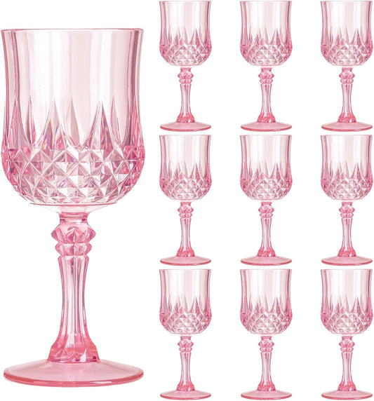 7OZ Plastic Wine Glasses, 10Pcs Pink Reusable Drinking Cups Vintage Champagne Flutes, Plastic Crystal Water Goblets for Parties Stemmed Shatterproof Drinking Glasses for Wedding, Toasting Party