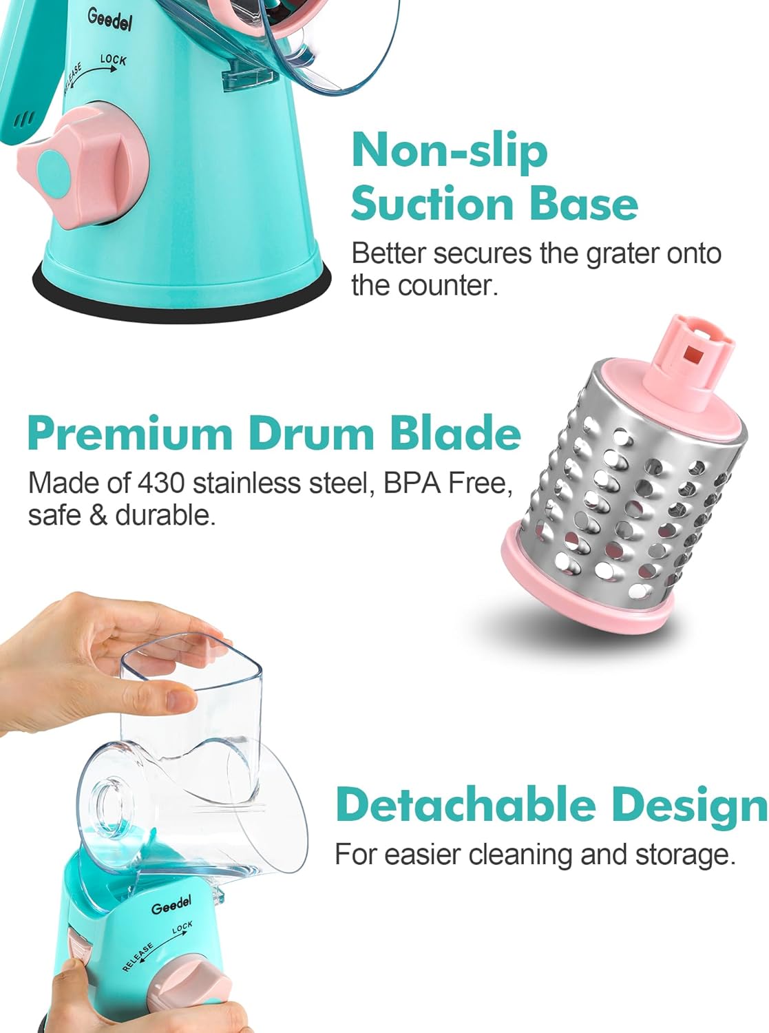 Geedel Rotary Cheese Grater, Kitchen Mandoline Vegetable Slicer with 3 Interchangeable Blades, Easy to Clean Rotary Grater Slicer for Fruit, Vegetables, Nuts