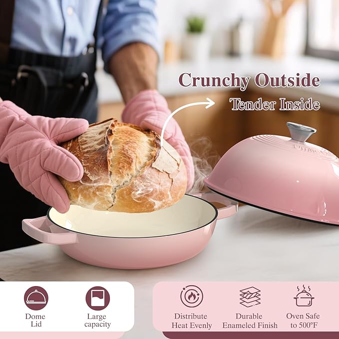 Cast Iron Dutch Oven Pot with Lid, Round Bread Oven for Sourdough Bread Baking, Umite Chef Enameled Cast Iron Bread Oven with Dome Lid & Cotton Potholders for Sourdough, Pink, 6 Quarts