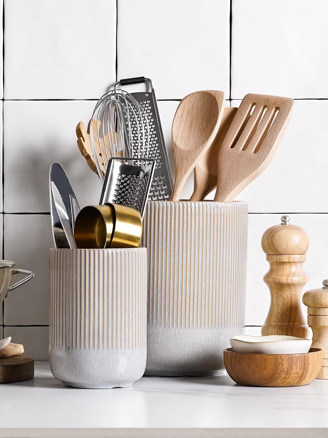 LE TAUCI Utensil Holder, 7.3"+5.4" Ceramic Kitchen Utensil Holder for Countertop, Large Cooking Utensil Crocks for Kitchen Counter, Morden Utensil Organizer for Spatula, Set of 2, Glaze Marble Gray