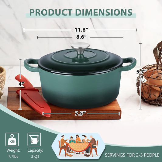 E-far 3 Qt Enameled Cast Iron Dutch Oven with Lid, Small Round Nonstick Dutch Oven Pot for Bread Baking Braising Stews Roasting Cooking, Heavy Duty, Induction & Oven Safe - Forest Green