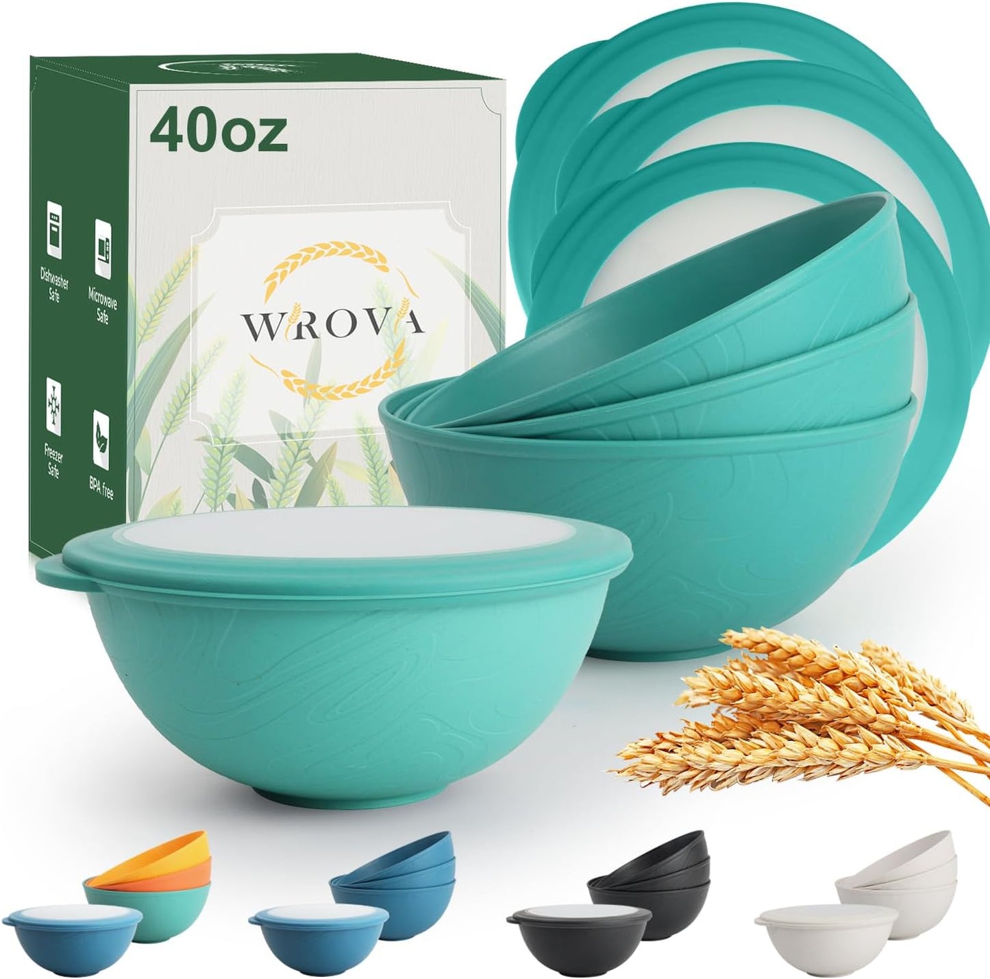 Wrova wheat straw bowls set of 4,40oz unbreakable salad bowl set with cover,alternative plastic bowls with cover for kitchen,party,camping and picnic. Green