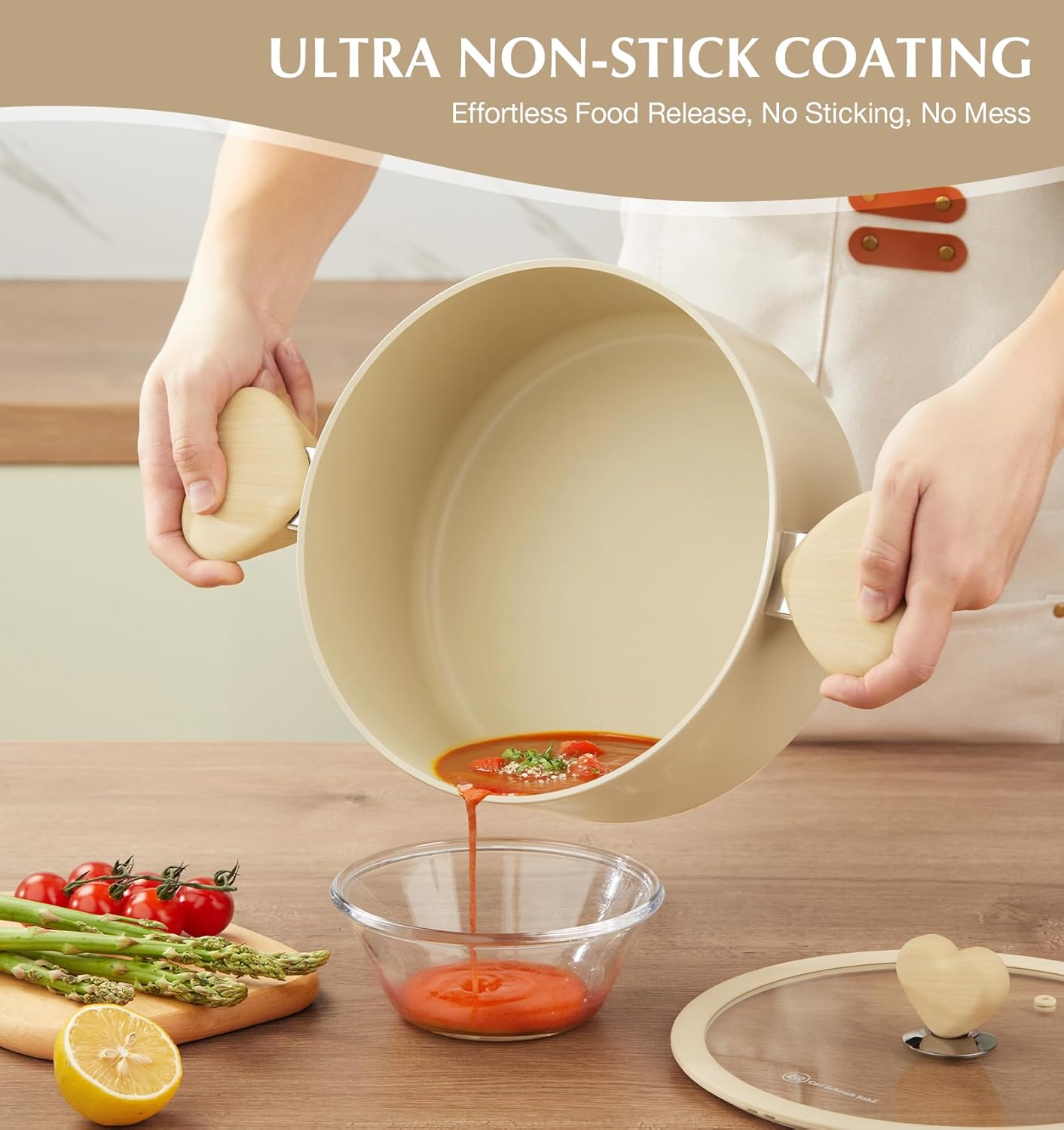 Stock Pot with Lid, 6 Quart Pot with Nonstick Cream Interior, Nonstick Soup Pots with Cool-Touch Heart-Shaped Handles, Stylish Cooking Pots with Lid, Induction Compatible, Cream Color