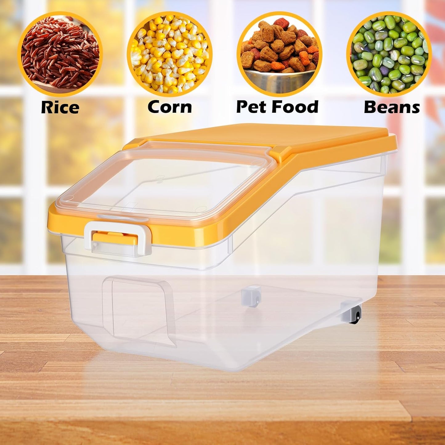 Sunnyray 4 Pcs Rice Storage Container 22 lb Airtight Flour Container with Wheels Measuring Cup Clear Pet Dog Cat Birds Food Bin Grain Cereal Organizer Box for Dry Baking Supplies(Yellow Lid)