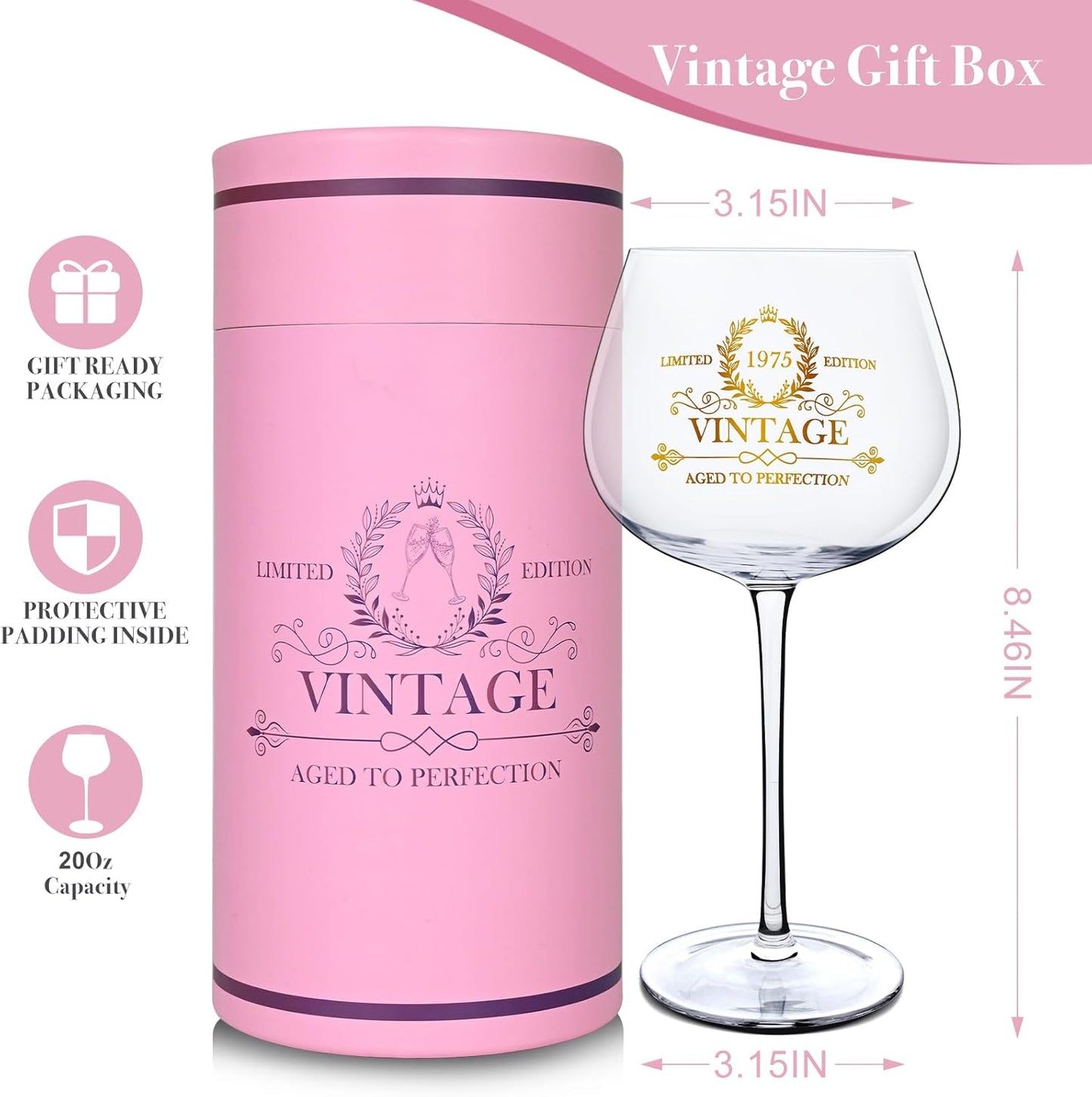50th Birthday Gifts for Her, 20Oz Vintage 1975 Wine Glass with Golden Letter, 50 Year Old Birthday Decorations, Funny 50 Bday Gift Ideas For Women, Friends, Sister, Mom - Turning 50 Present