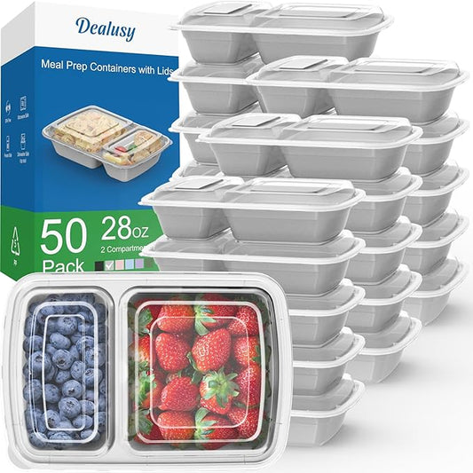 50 Pack (100-Piece) 28 oz Meal Prep Containers Reusable with Lids 2-Compartment, Sturdy Leakproof Food Safe, Microwave Freezer Dishwasher Safe, To Go Take Out Plastic Food Storage, Silver
