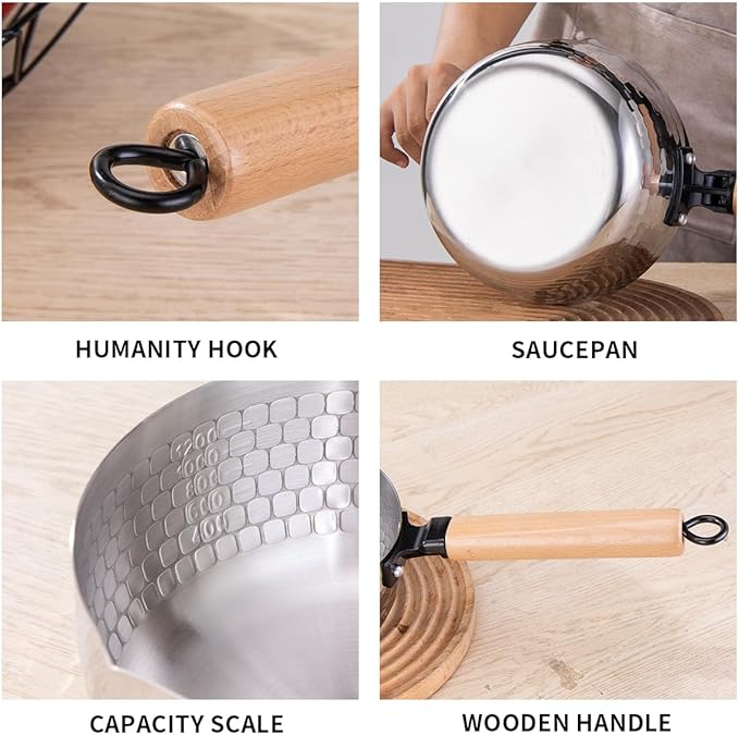 Yukihira Saucepan,Yukihira Pot, 1.7 Quart Stainless Steel Saucepan Pan Japanese Milk Pot with Wood Handle