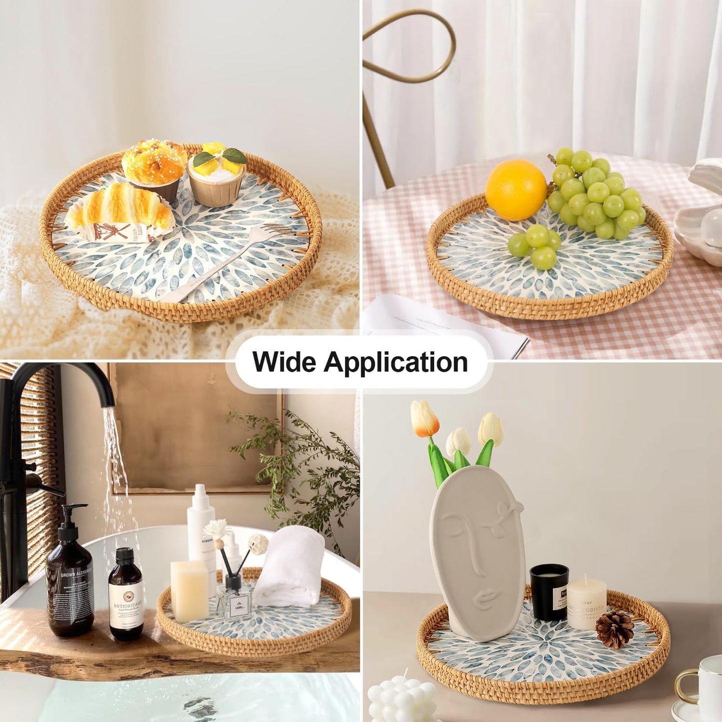 Round Rattan Tray with Mother of Pearl Inlay, Rattan Serving Tray for Coffee, Bread, Fruits, Decorative Wicker Tray for Table Decor, Home Decor, Kitchen Island Decor (Light Blue Leaf, 11.8")