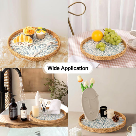 Round Rattan Tray with Mother of Pearl Inlay, Rattan Serving Tray for Coffee, Bread, Fruits, Decorative Wicker Tray for Table Decor, Home Decor, Kitchen Island Decor (Light Blue Leaf, 11.8")