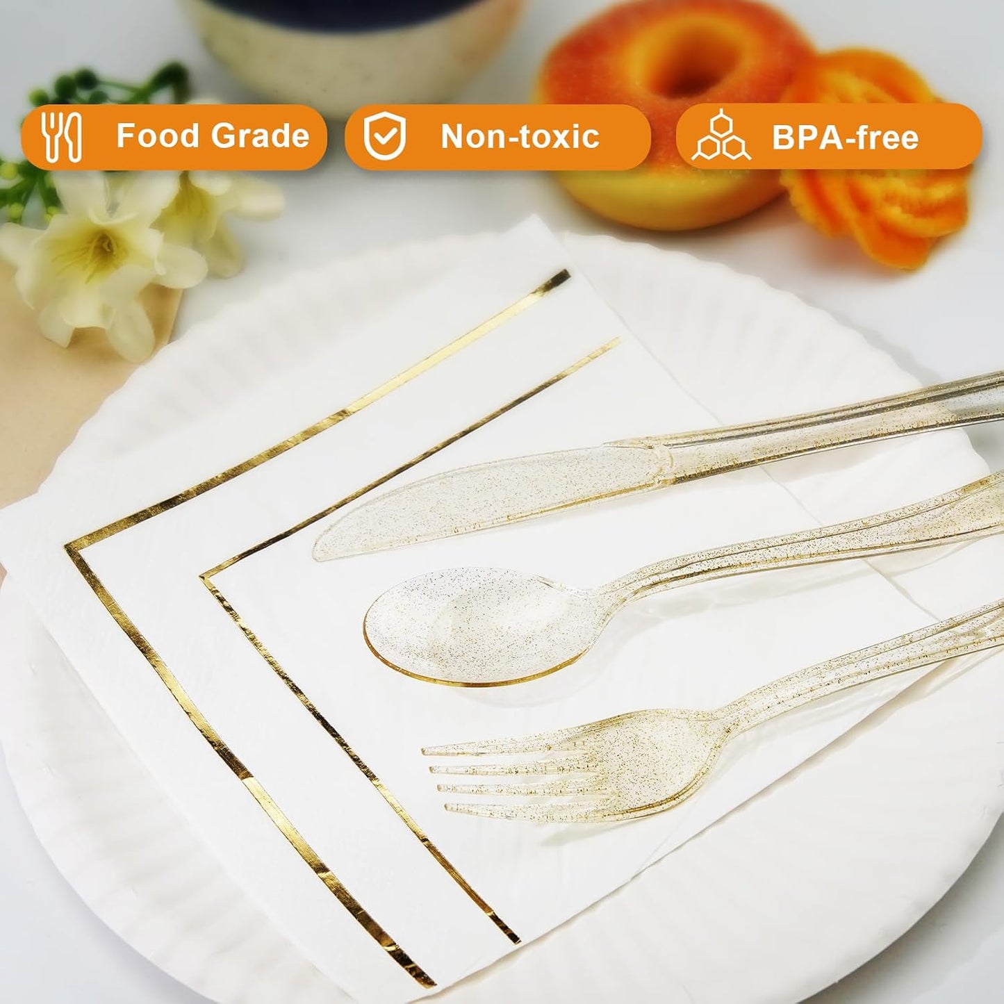 180PCS Gold Plastic Silverware Set, Disposable Glitter Gold Cutlery, Flatware Set, 60 Forks, 60 Spoons, 60 Knives, Fancy Party Utensils for Christmas