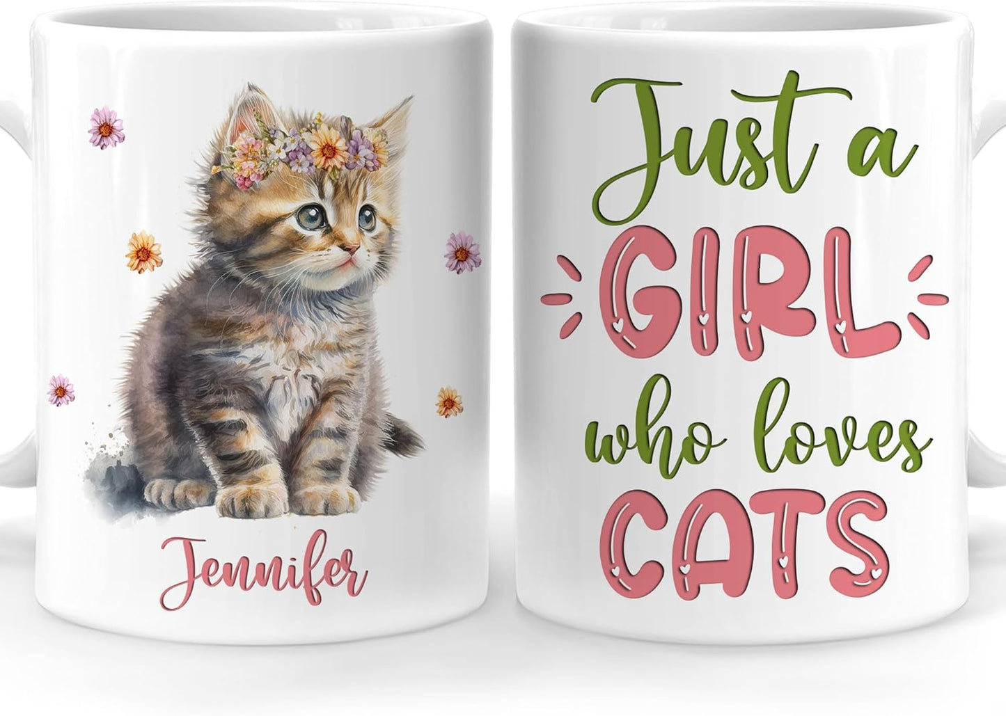 Hyturtle Personalized Gifts Cat Lover - Just A Girl Who Loves Cats Custom Name Ceramic Coffee Mug Cup 11oz - Idea Cute Animal Lover Gifts For Women, Girl Daughter On Birthday, Christmas