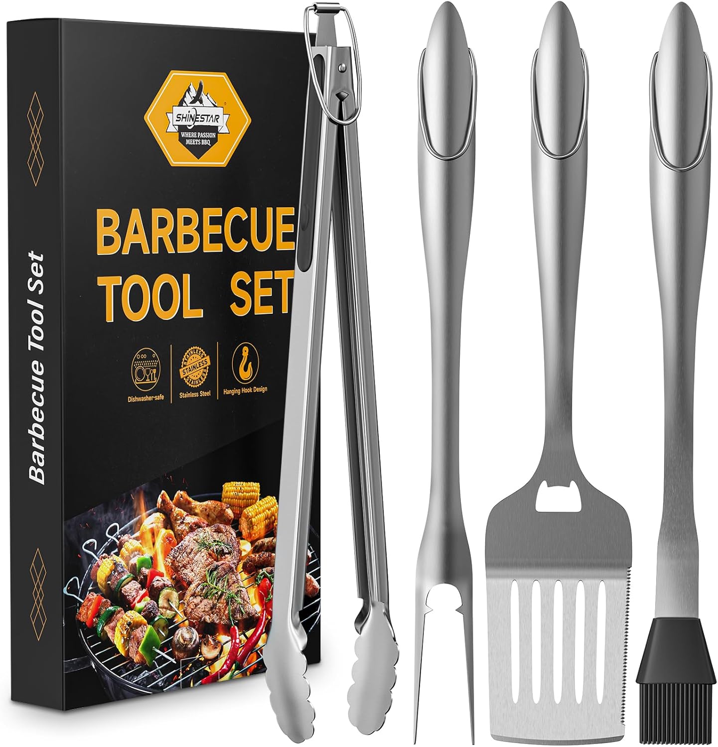 SHINESTAR Heavy Duty Grill Tools Set, Stainless Steel Grilling Accessories with Spatula, Tongs, Fork and Basting Brush, 4PCS, Ideal Grilling Gifts for Man