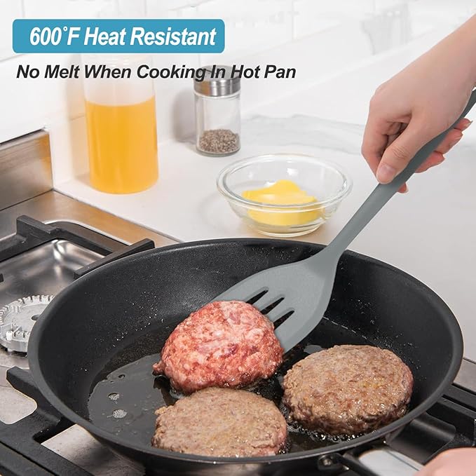 Silicone Spatula Turner Set, High Heat Resistant Spatulas with Seamless One Piece Design, Nonstick Rubber Flippers Utensils for Baking & Cooking,BPA-Free, 2 pack,Black (Grey)