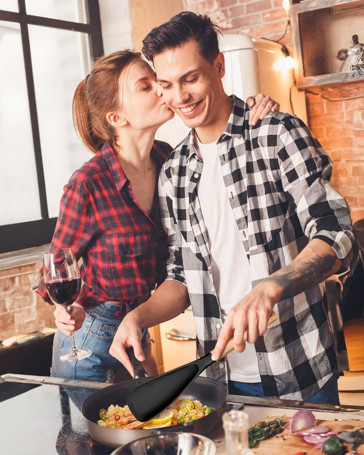 Multifunction Spatula Spoon for Nonstick Cookwares, Great for Cooking and Serving, Sturdy BPA-Free Matte Silicone, Wood Handle Spatula for Mixing, Scoop, and Scrape, Black(2 pack,11.4" & 13.4")