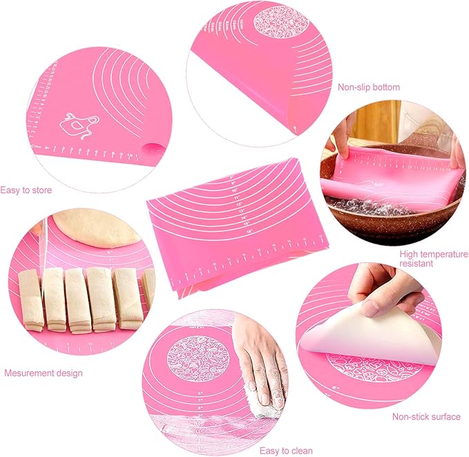 Silicone Pink 70x50cm Baking Mat Sheet Pastry Mat with Measurement, Non-Slip Pastry Rolling Mat, Non-Stick Dough Kneading Board Mat, Bread Fondant Mat, Cooking Bakeware Mat Table Placemat(Scraper)