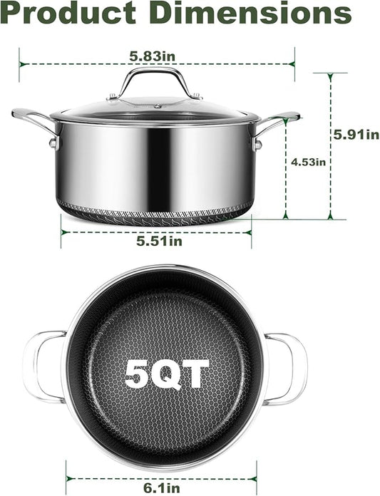Hybrid Nonstick 5 QT Stockpot with Lid Two Handles, Stainless Steel Stockpot with Honeycomb Texture,Compatible with All Cooktops,Dishwasher and Oven Safe