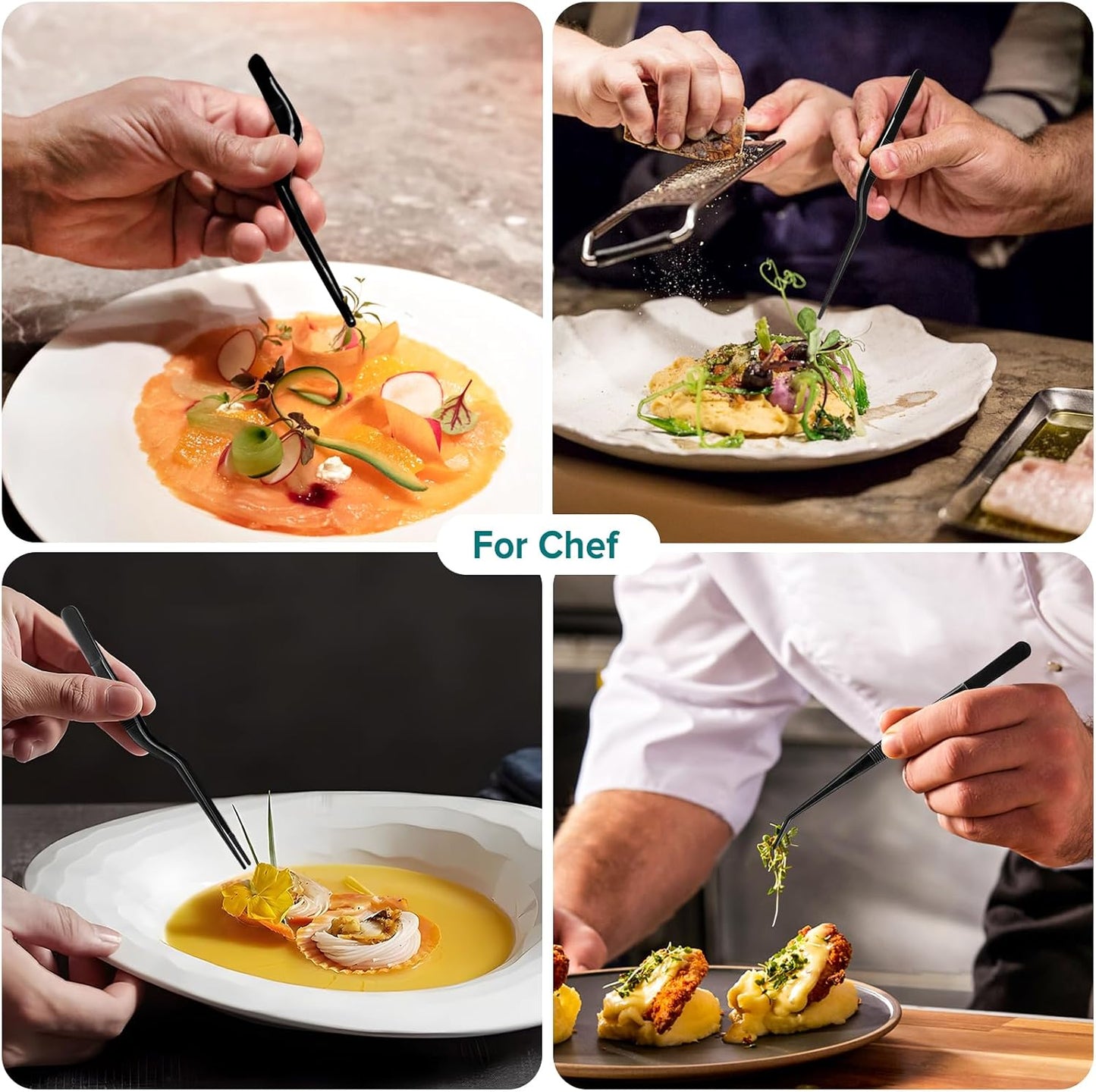 Kitchen Tweezer Tongs Set,6 Pcs Kitchen Tweezers,6.3" Cooking Tweezers Set,Stainless-Steel Food Chef Culinary Tweezers Tongs for Baking Decorating Feeding Plating,Black