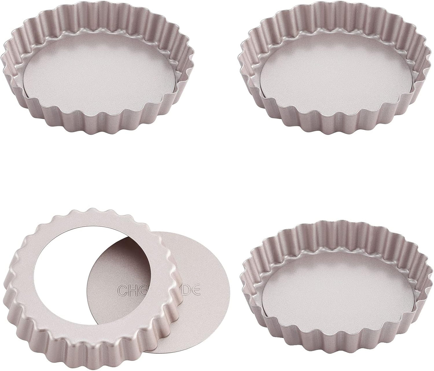 CHEFMADE Mini Tart Pan Set, 4-Inch 4Pcs with Removable Loose Bottom Non-Stick Round Quiche Bakeware for Oven and Instant Pot Baking (Champagne Gold)