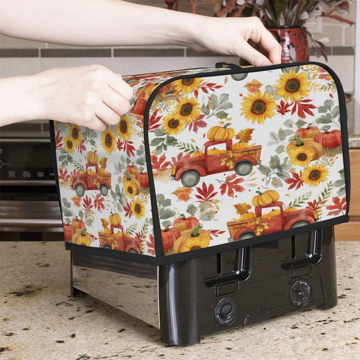 4 Slice Fall Toaster Cover,Thanksgiving Farm Truck Sunflower Small Kitchen Appliance Bread Machine Cover with Pockets,Dust & Fingerprint Protection