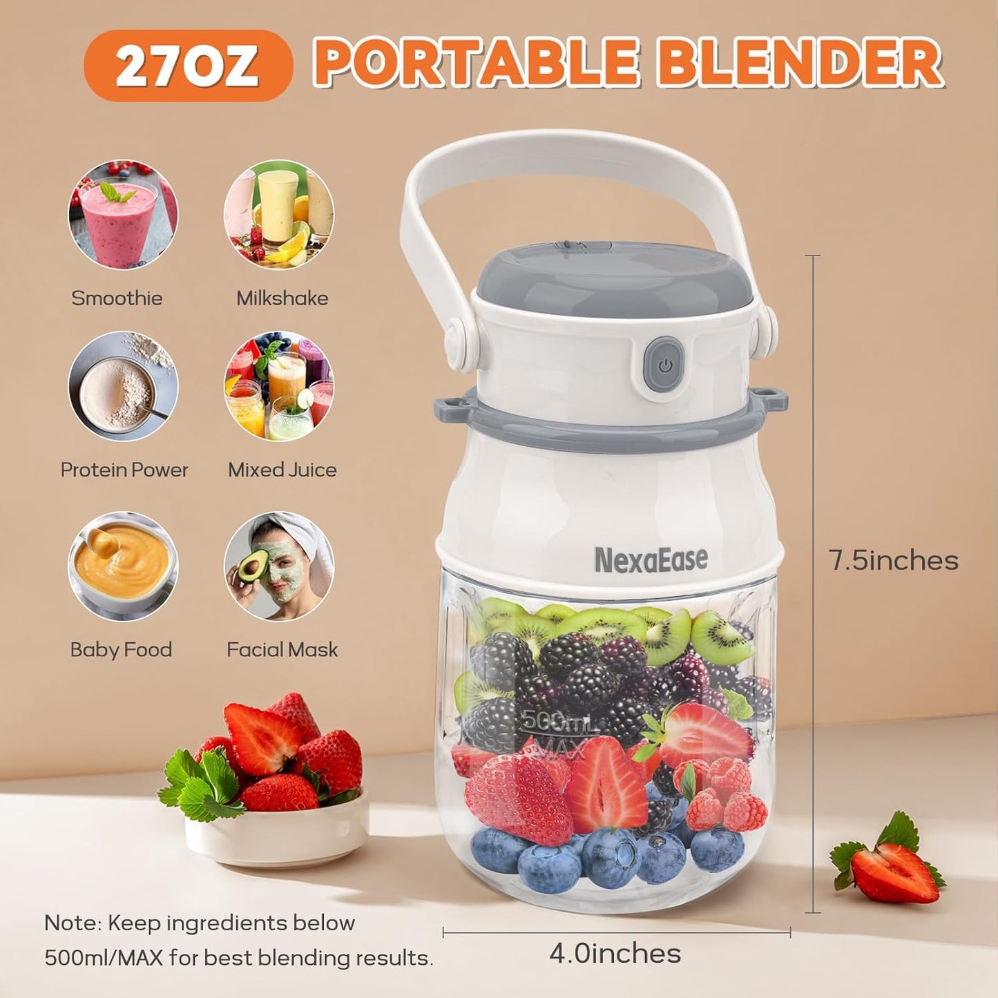Portable Blender Personal Juicer for Shakes and Smoothies - 27 OZ Electric Protein Shaker Bottle with Insulated Sleeve, Travel Lid, USB-C Rechargeable - Mini Small Blender Cup for Kitchen, Office, Gym