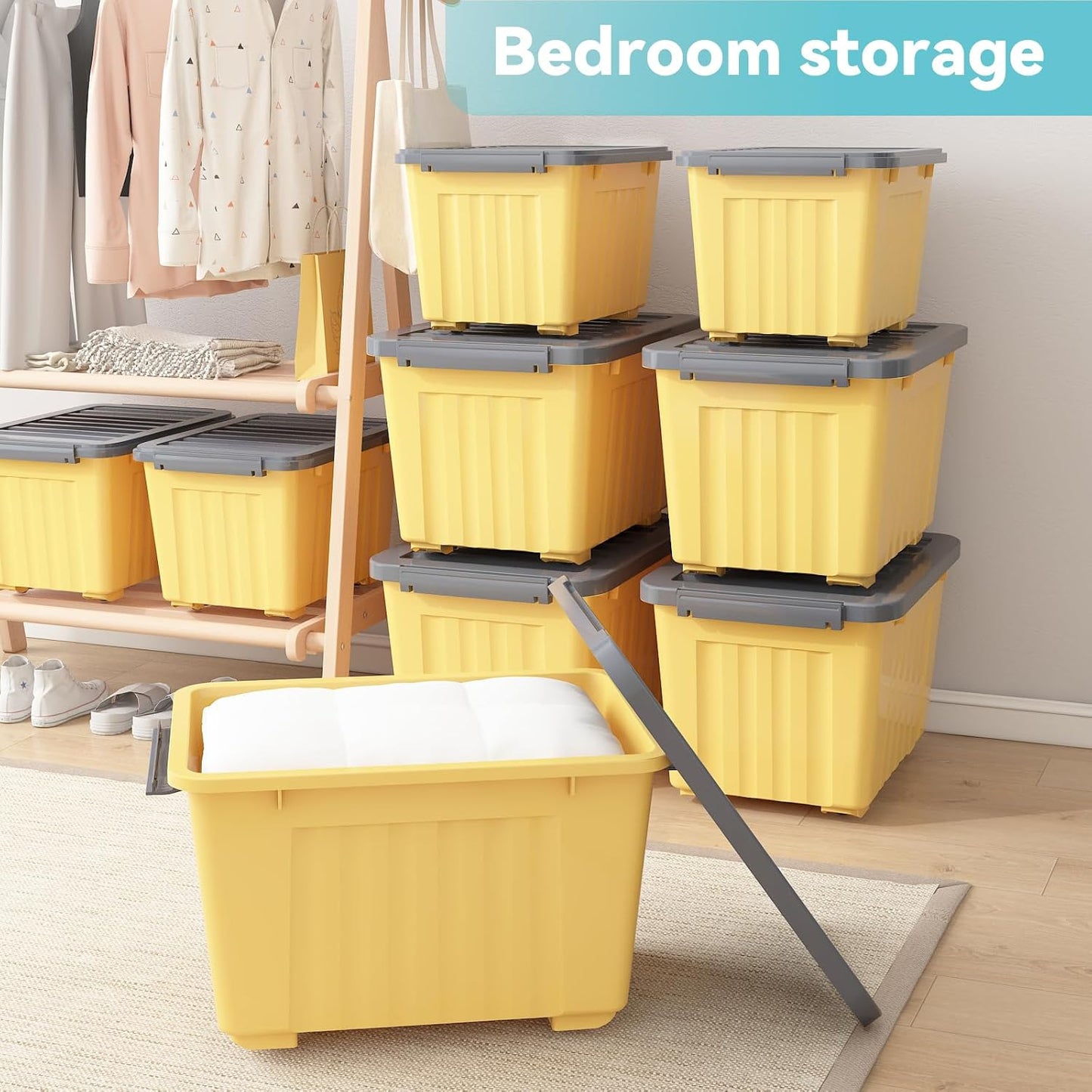 Nazhura Plastic Storage Bin, Stackable and Nestable Storage Boxes with White Lids and Secure Latching Buckles, Large Storage Container (Yellow/Purple, 72Quart-4Pack)