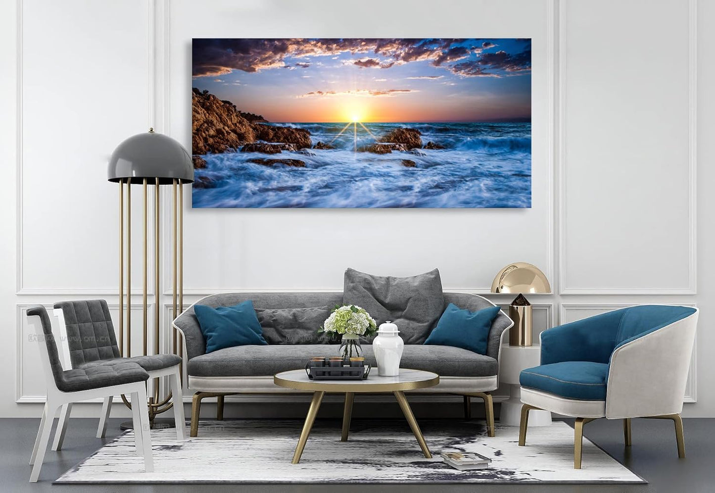 Muolunna S05875 Wall Art Decor Canvas Print Picture Sunset Blue Ocean 1 Panel Sea Waves Scenery Painting Artwork for Office Wall Decor Home Decoration Stretched and Framed Ready to Hang 30x60inch