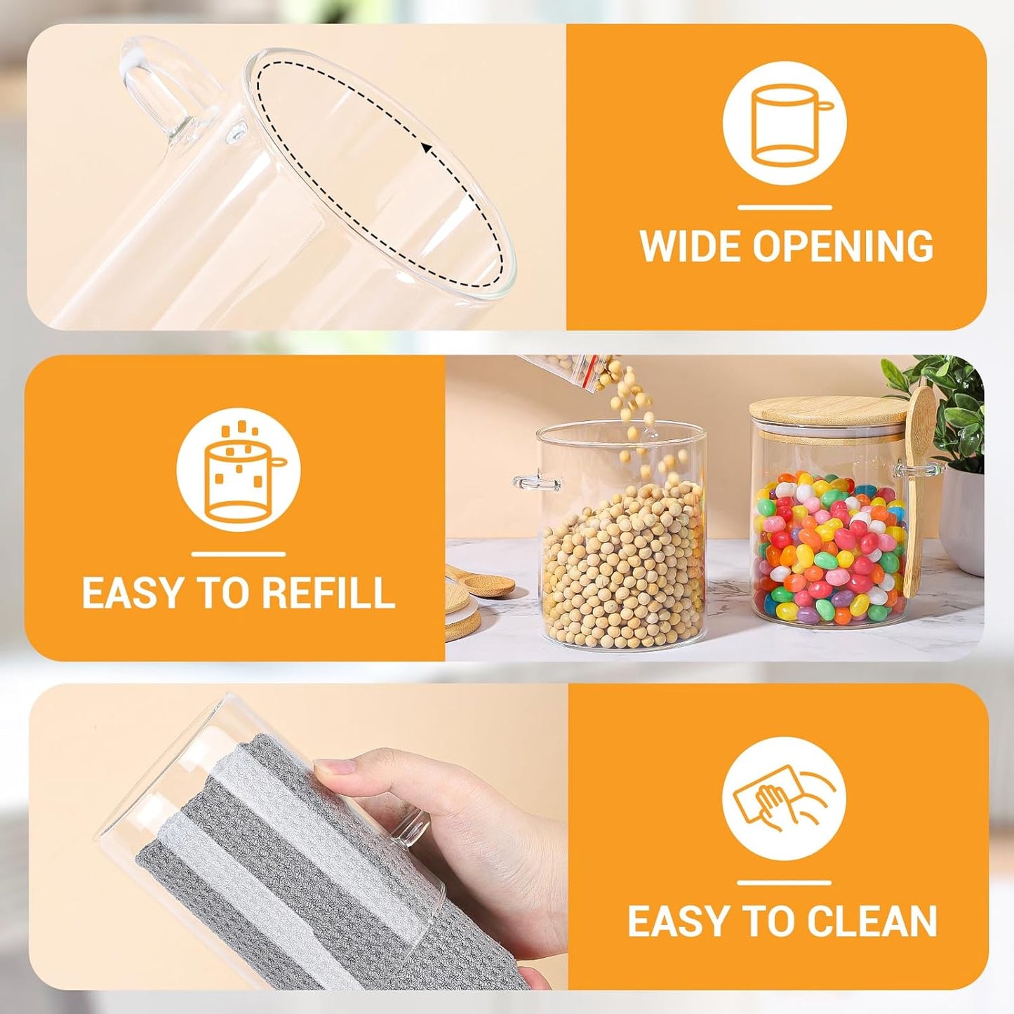 Glass Jars with Bamboo Lids and Spoon - 4 Pack 26 Fl.oz Round Glass Storage Jars with Airtight Lid, Includes Labels and Marker, Sugar Container Set for Coffee Bar, Tea Canister for Cereal, Bean