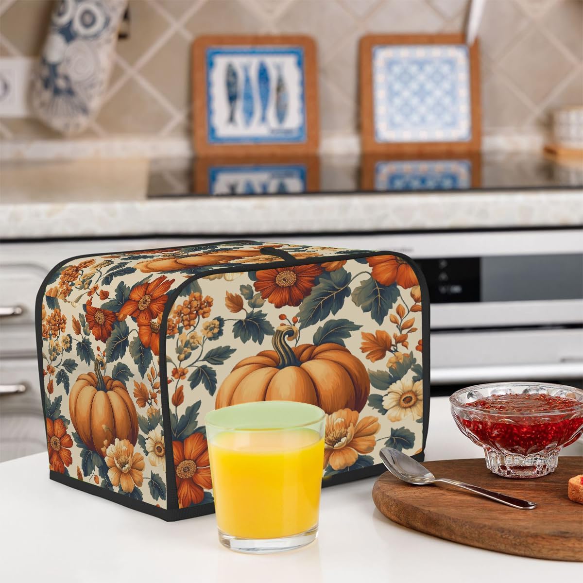 2 Slice Autumn Toaster Cover,Thanksgiving Pumpkin Fall Boho Floral Small Kitchen Appliance Bread Machine Cover with Pockets,Dust & Fingerprint Protection