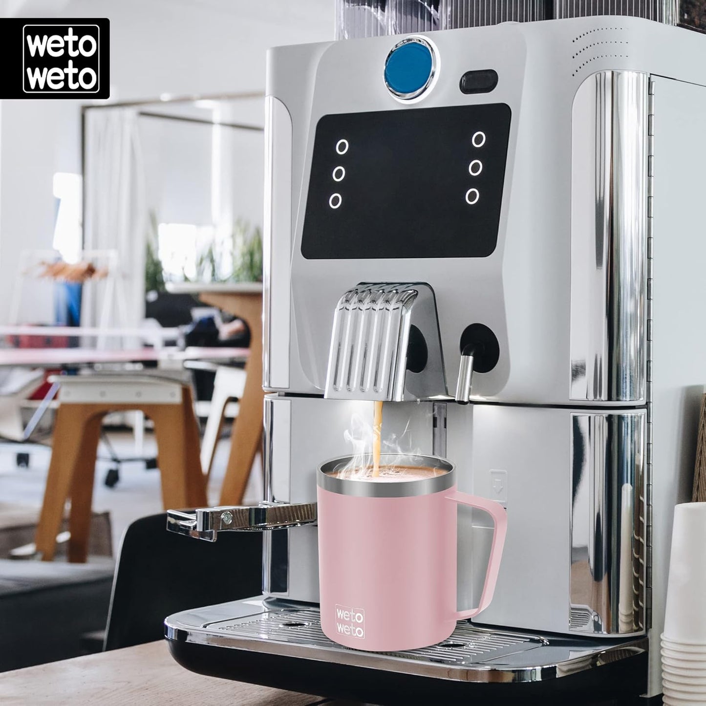 WETOWETO 14 oz Coffee Mug, Vacuum Insulated Camping Mug with Lid, Double Wall Stainless Steel Travel Tumbler Cup, Coffee Mugs Outdoor, Powder Coated Ice Pink