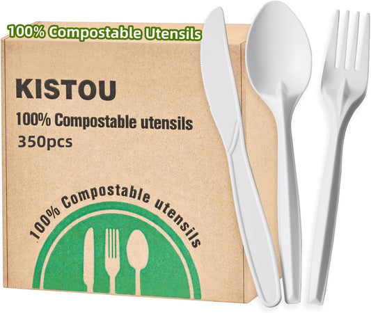 350pcs Compostable Cutlery Set Eco-friendly Heavy Duty Compostable Utensils Disposable silverwar No Plastic Biodegradable Utensils for party BBQ, Picnic Events,Daily Use