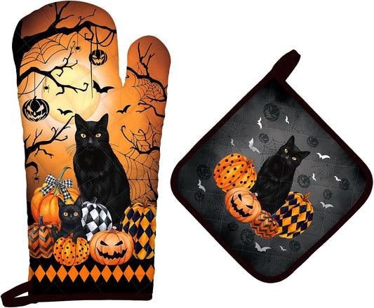 Halloween Cat Oven Mitts and Pot Holders Sets 2Pcs, 100% Cotton Heat Resistant, Extra Long Oven Gloves Potholder for Kitchen Cooking Baking Decoration