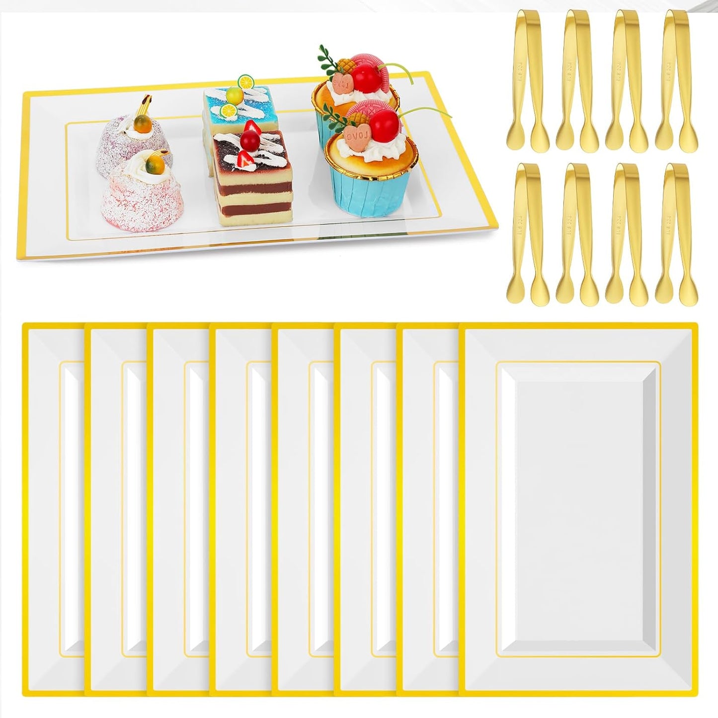 8 Sets Plastic Serving Trays, White & Gold Rim Party Serving Tray and Platter with 8 Serving Tongs, Disposable Dessert Trays for Fruit, Dessert, Cookies, Appetizers, Holiday Parties