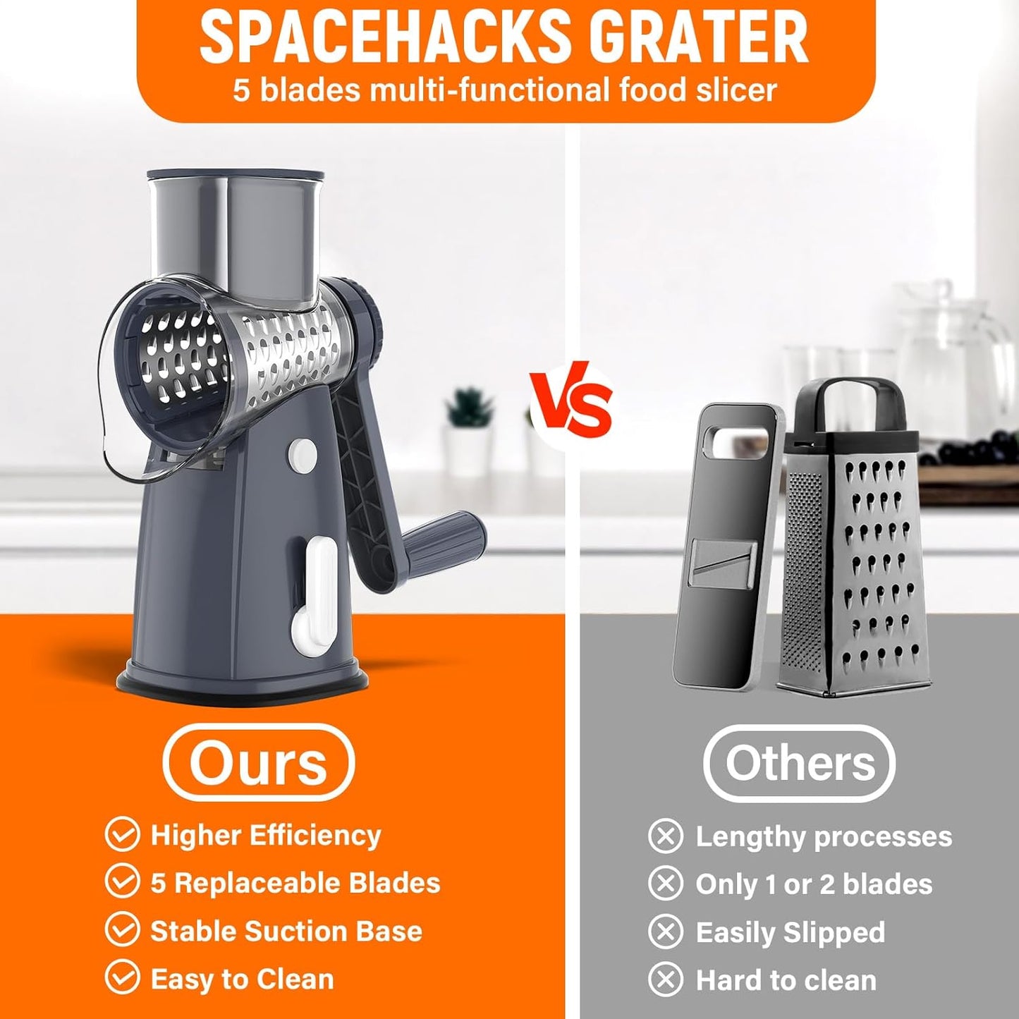 Rotary Cheese Grater Hand Crank with 5 Interchangeable Blades, Vegetable Slicer Chopper for Fruit Vegetable Nuts, Mandoline Slicer for Kitchen with Blades Rack & Suction Base, Grey