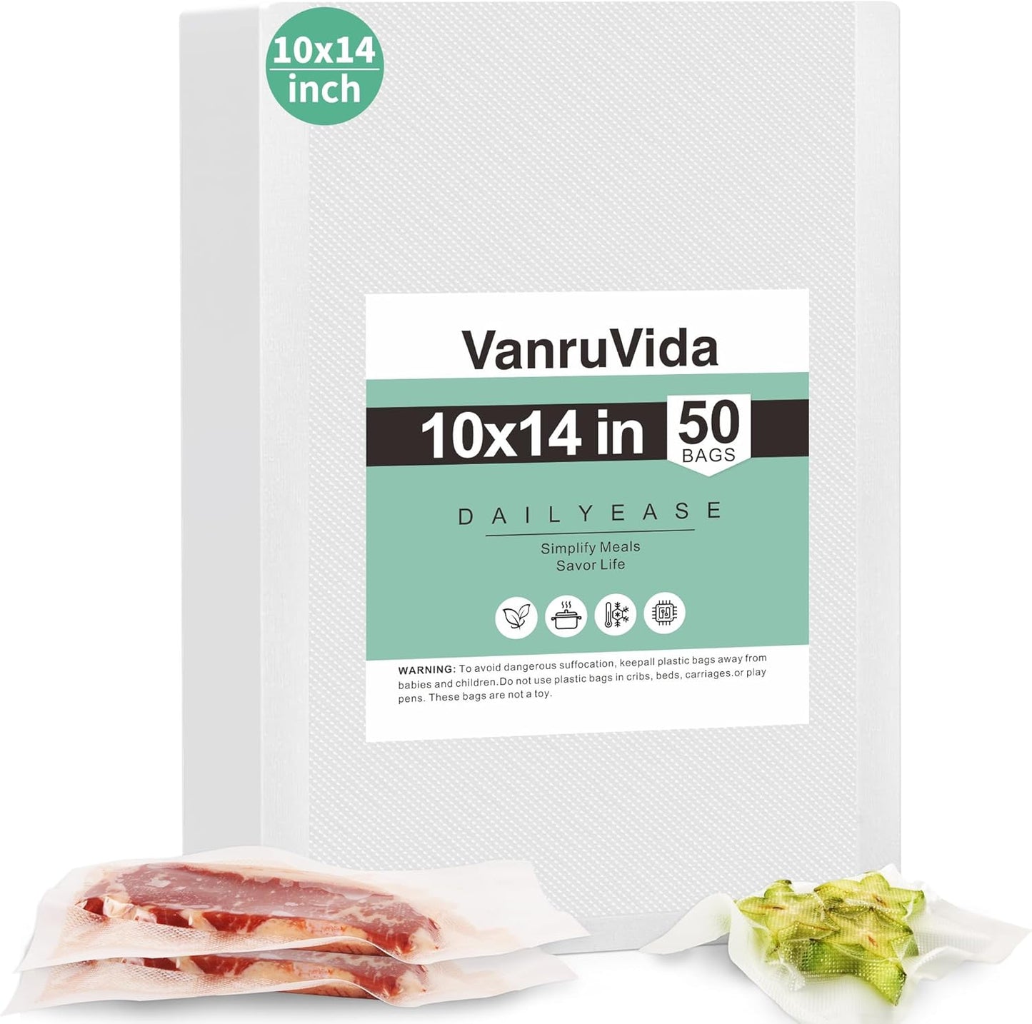 VanruVida Vacuum Sealer Bags, 50 Count 10” x 14”,BPA Free,Commercial Grade Textured PreCut Bag with Double Tear Notches, Perfect for Food Storage, Freezer, Meal Prep, or Sous Vide