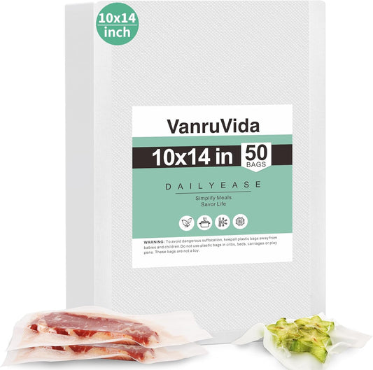 VanruVida Vacuum Sealer Bags, 50 Count 10” x 14”,BPA Free,Commercial Grade Textured PreCut Bag with Double Tear Notches, Perfect for Food Storage, Freezer, Meal Prep, or Sous Vide