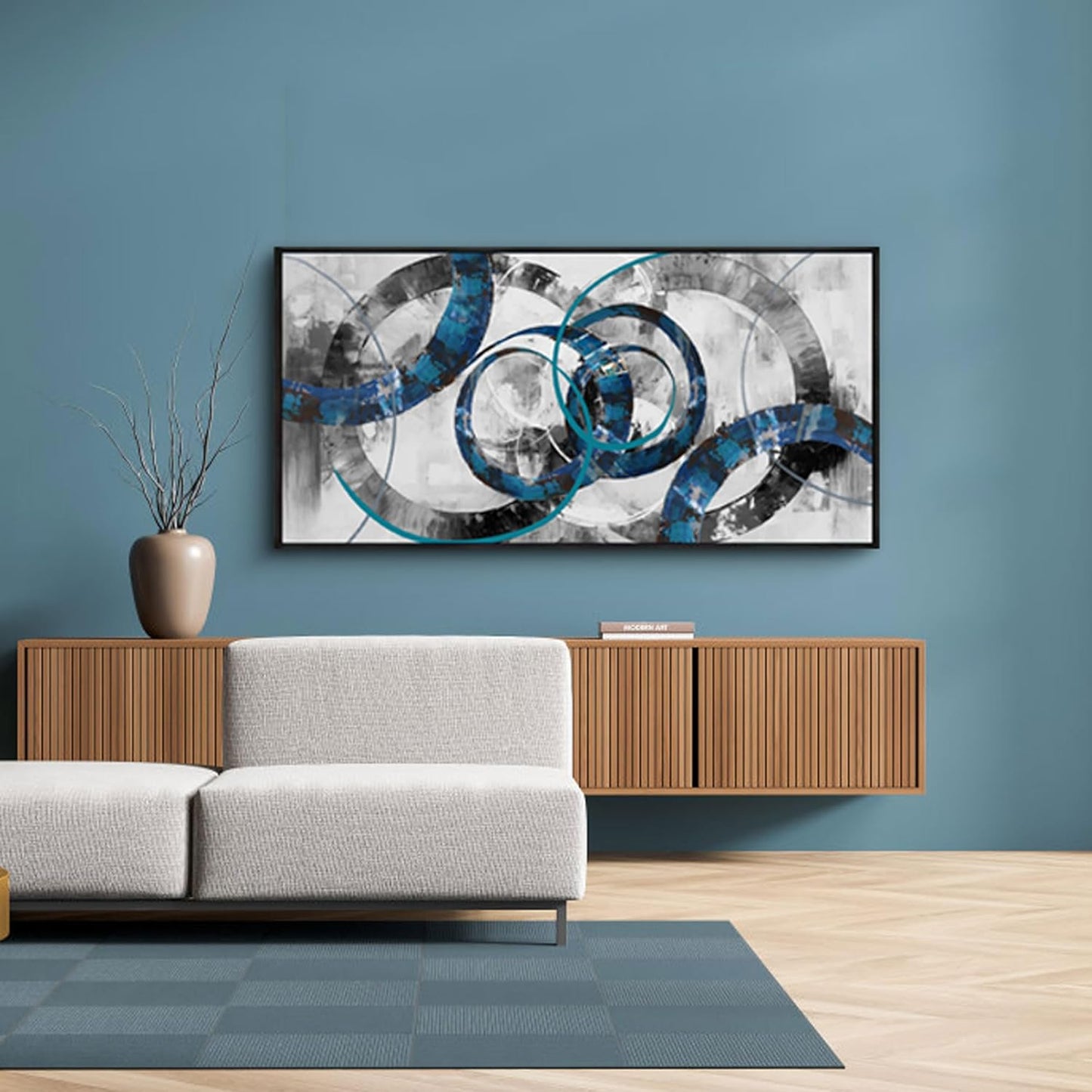 XLSJERST Large Frame Wall Art Blue Abstract Canvas - Modern Art Decor Pictures for Living Room Bedroom Office Gray and White Paintings Artwork Size 24x48 Inches